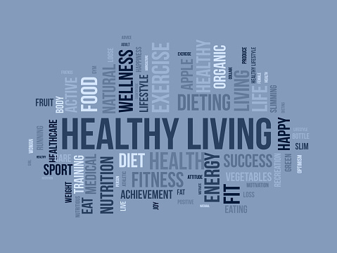 Word cloud background concept for Healthy living. diet exercise, fit lifestyle with organic food of eating energy. vector illustration.