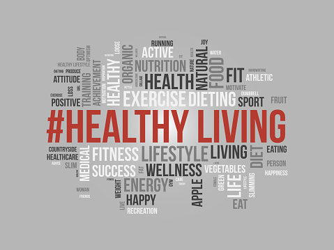 Word cloud background concept for Healthy living. diet exercise, fit lifestyle with organic food of eating energy. vector illustration.