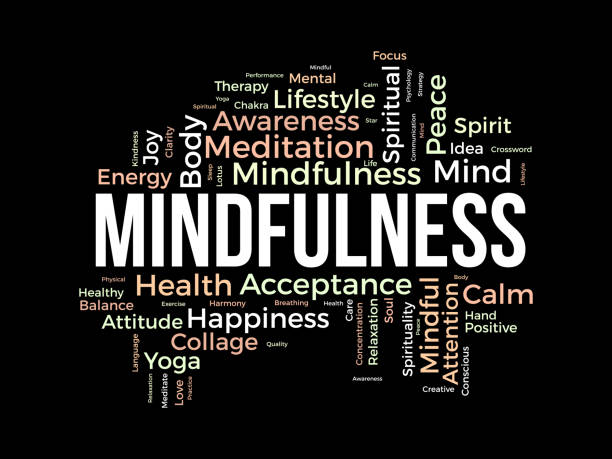 ilustrações de stock, clip art, desenhos animados e ícones de word cloud background concept for mindfulness. spiritual meditation, consciousness harmony and paece mind, happiness of mental soul. vector illustration. - cloud ideas contemplation concentration