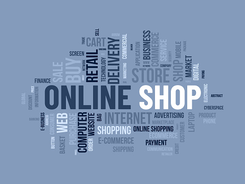 Word cloud background concept for Online shop. Growth your retail or e-commerce business with digital online marketing system. vector illustration.