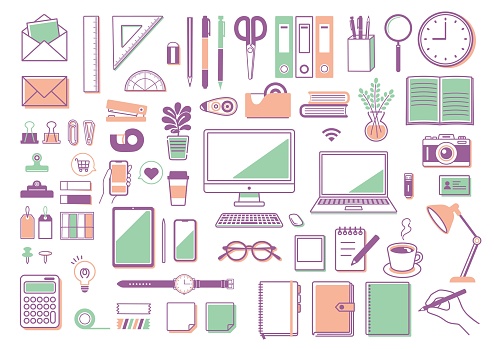 istock Illustration material of flat business and stationery
Illustration, stationery, tablet terminal, personal computer, pencil, notebook, teleworkoffice 1482963727