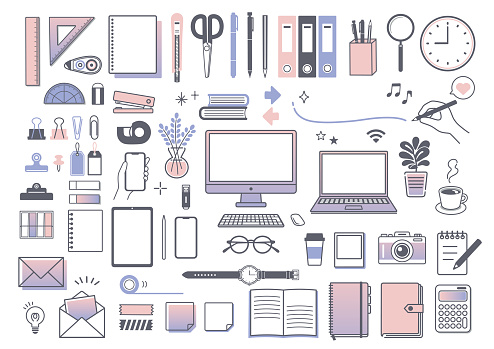 istock Illustration material of flat business and stationery
Illustration, stationery, tablet terminal, personal computer, pencil, notebook, teleworkoffice 1482964092