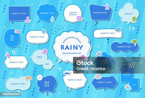 istock Speech bubble illustrations of rainy blue colors. This collection includes  icon,flowers, raindrop, hydrangea, nature, plants, umbrellas and more. 1482965063