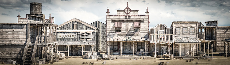Ilustración en 3D de una calle vacía en una antigua ciudad del salvaje oeste con edificios de madera. photo