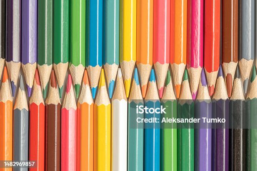istock Colored pencils lie in a row. A line drawn with pencil tips. Set of crayons for illustrations, art, study. Ready for school. 1482969857