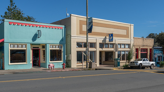 Small town street with stores in Mendocino California