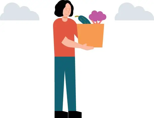 Vector illustration of The girl is carrying a basket of vegetables.