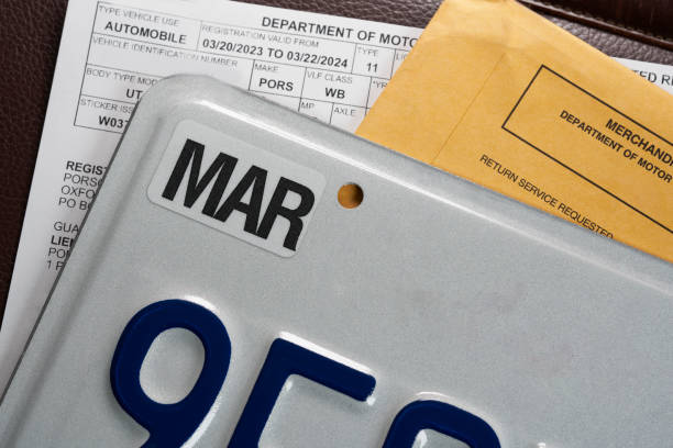 License plate registration for car with documents. DMV. USA stock photo