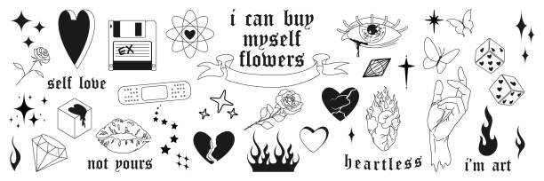 set hati y2k abstrak, api, bunga, bentuk, dan elemen lainnya dalam gaya psikedelik yang trendi. vektor tangan digambar tato cetak, stiker. warna hitam dan putih. - tato kegiatan ilustrasi stok