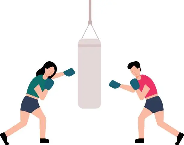 Vector illustration of Boy and girl boxing on a punching bag.