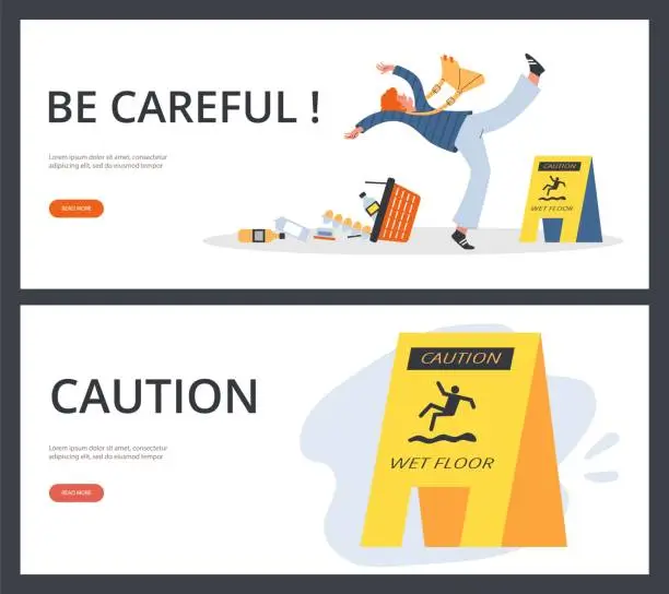 Vector illustration of Wet floor caution yellow sign, web banners set - flat vector illustration.