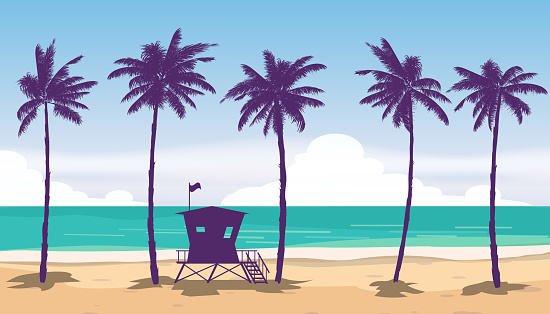 Beach coast landscape with Lifeguard Station. Palms, sea, ocean, coast view. Vector illustration flat style silhouette