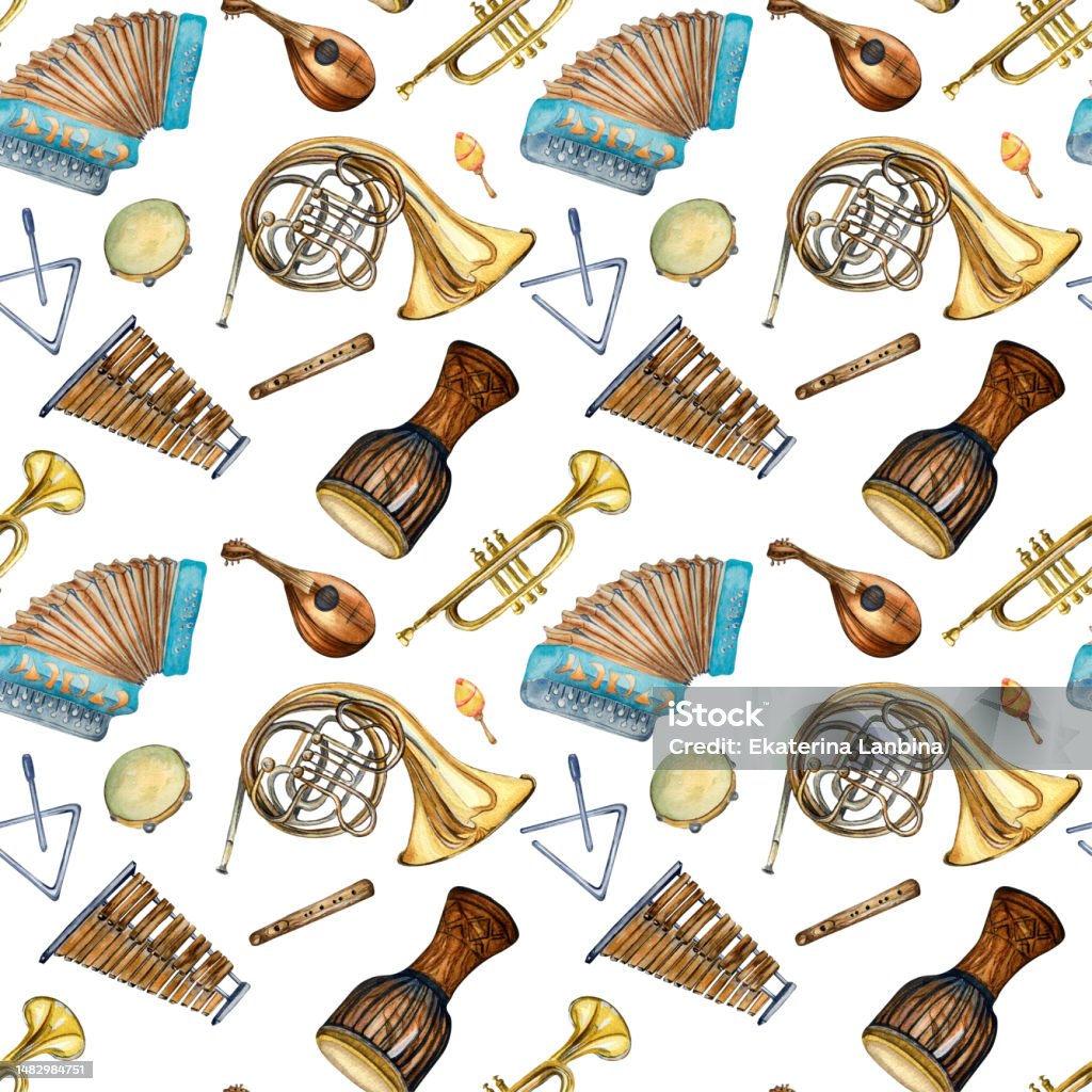 Musical Instruments Seamless Pattern Watercolor Isolated On White Stock ...