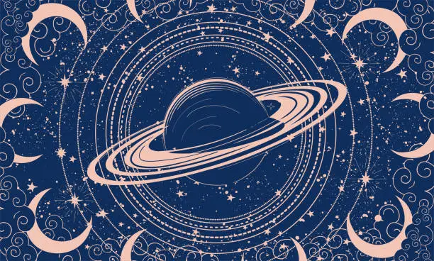 Vector illustration of Mystical space background with planet saturn and moon on blue background with stars, flat design for astrology, zodiac, horoscope. Vector illustration, modern banner.