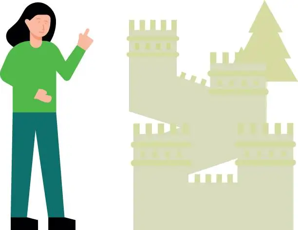 Vector illustration of The girl is looking at the Chinese wall.