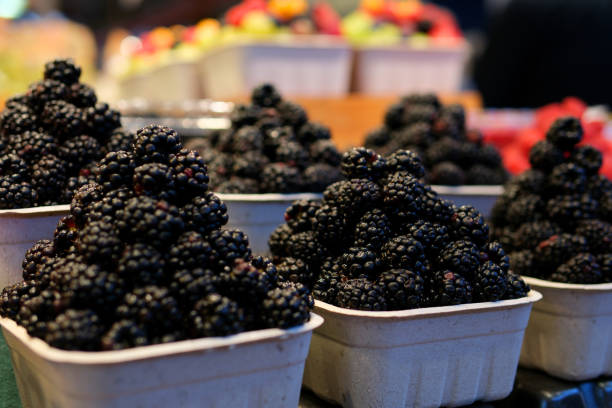 strawberry raspberries and blackberries on the market in containers