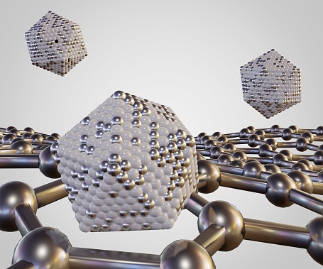 Isolated Icosphere nanoparticles on the graphene sheet or layer in the white background 3d rendering