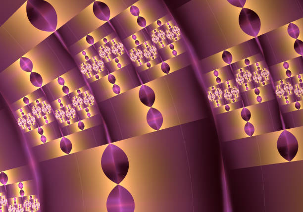 Abstract retro-style geometric fractal art background of repeating lens shapes in purple and gold. A mathematical sequence determines the pattern of single and paired shapes.