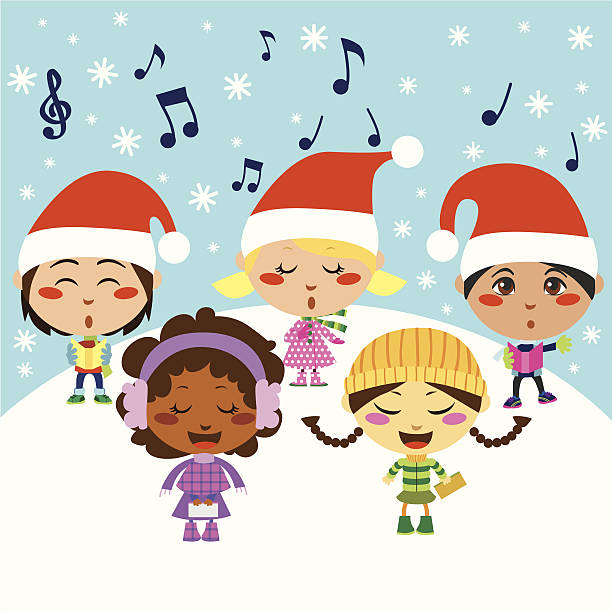 illustrations, cliparts, dessins animés et icônes de chant de noël pour les enfants - caroler christmas music winter