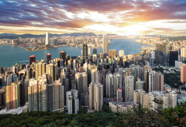 istock Hong Kong skyline panorama at dramatic sunset, China - Asia 1482992945