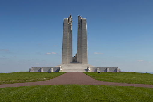 Lens, France, 3 April 2023: Front view of the Canadian National Vimy Memorial at Vimy Ridge, near Vimy, France. Designed by Walter Seymour Allward it is a commemoration to the fallen of World War One.