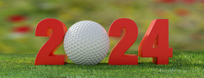 2024 Golf. New year number with white golfball on grass field, fresh green lawn sport terrain on blur nature background. Banner. 3d render