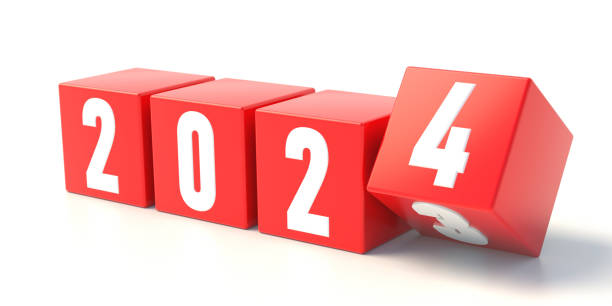 2024 New Year Change. Red cube turns from three to four isolated on white background. 3d render stock photo