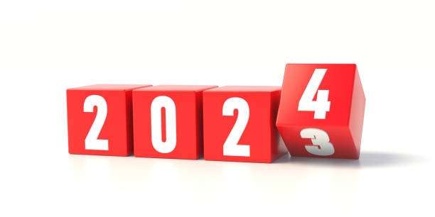 istock 2024 New Year Change. Red cube turns from three to four isolated on white background. 3d render 1482995495