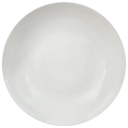 Empty white round porcelain Soup Plate, isolated on white background, viewed directly above.