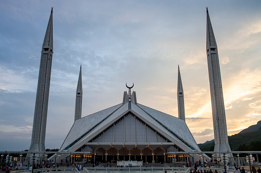 Islamabad, Pakistan - August 25, 2022 : View Of Shah Faisal Mosque At Sunset. Shah Faisal Mosque Is The Largest Mosque In Pakistan, Located In The National Capital City Of Islamabad.