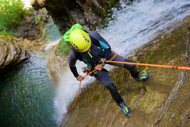 Canyoneering Furco Canyon in Pyrenees, Broto village, Huesca Province in Spain.