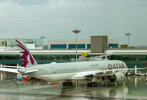 Changi, Singapore - ‎‎‎‎‎‎February 19, 2020 : An Airbus A350 Airplane Of Qatar Airways At Changi Airport.