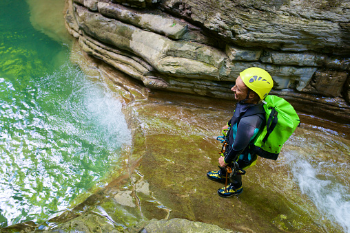 Canyoneering Furco Canyon in Pyrenees, Broto village, Huesca Province in Spain.