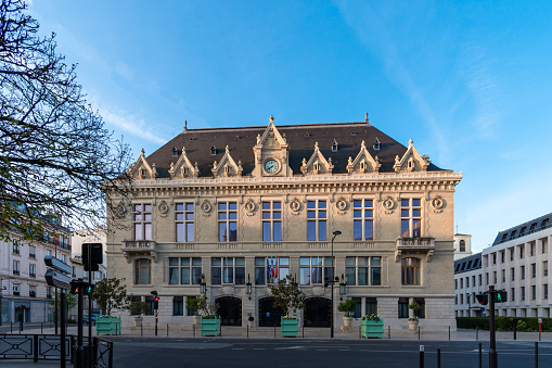 Vincennes, France - April 9, 2023: Exterior view of the city hall of Vincennes, France. Vincennes is a French town located in the Val-de-Marne department in the Île-de-France region, east of Paris