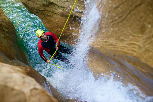 Canyoneering Formiga Canyon in Guara Mountains, Huesca Province in Spain.