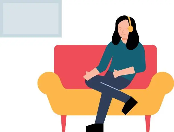 Vector illustration of The girl is sitting on the sofa wearing headphones.