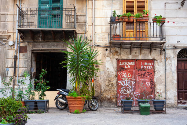 Palermo, Italy - December 23, 2022: View of the Typical street of Palermo, Sicily. Italy