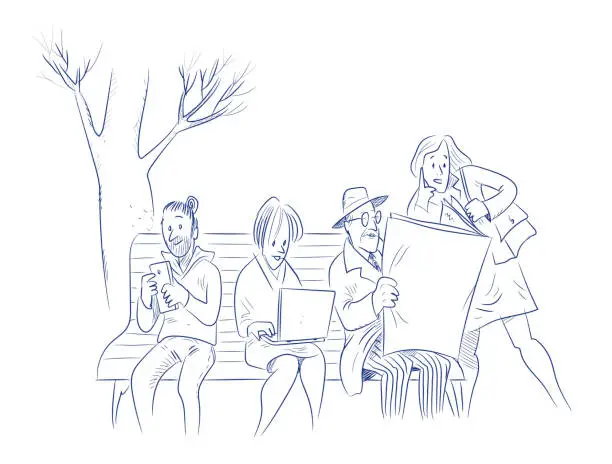 Vector illustration of people sitting on bench reading both print and digital newspaper