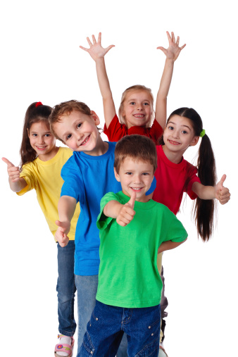 Group of happy children with hands up and thumbs up sign, isolated on white