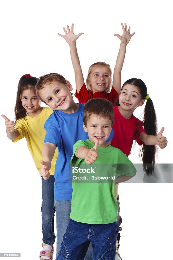 Group of children with hands and thumbs up Group of happy children with hands up and thumbs up sign, isolated on white Child Stock Photo