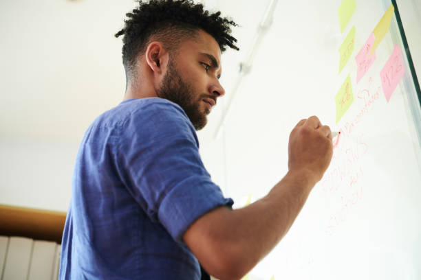 istock Businessman Writing Ideas on Glass Wall 1483001831