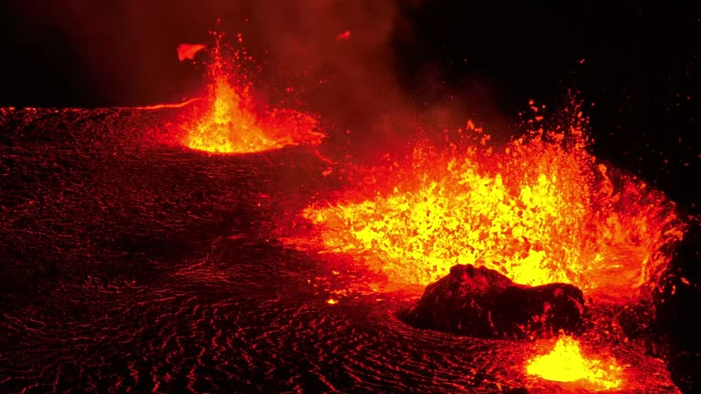 Aerial video of lava flowing from a mountain, Iceland