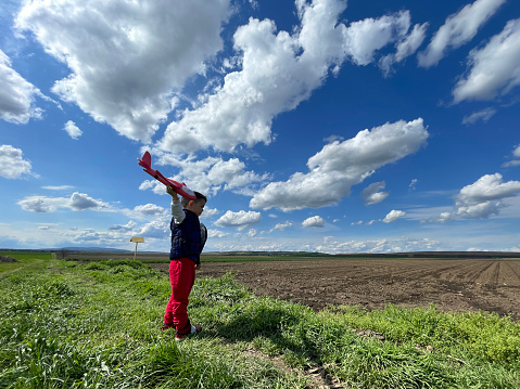 A young boy can be seen playing with his toy plane, his face alight with joy. The blue sky, dotted with fluffy white clouds, creates a sense of harmony and balance, with the surrounding fields providing a perfect contrast.