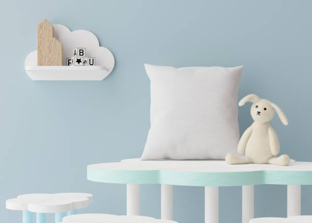 istock White square pillow in kids room. Blank cushion case template for your graphic design presentation. Pillow cover mock up for print, pattern, personalized illustration. Close-up. 3D rendering. 1483002251