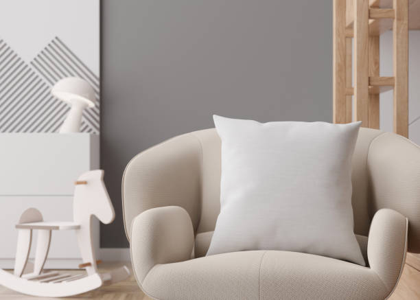 White square pillow in kids room. Blank cushion case template for your graphic design presentation. Pillow cover mock up for print, pattern, personalized illustration. Close-up. 3D rendering.