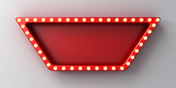 istock Retro red billboard or blank signboard with glowing yellow orange neon light bulbs isolated on white wall background with shadow 3D rendering 1483002772