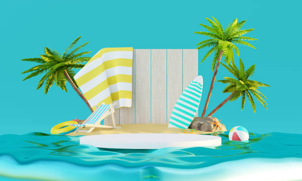 istock Summer vacation beach abstract background concept, Minimal Realistic Display Podium for Product mock-up or Cosmetics with summer theme, beach umbrella, sand, chairs, inflatable ring. 3d rendering 1483003052