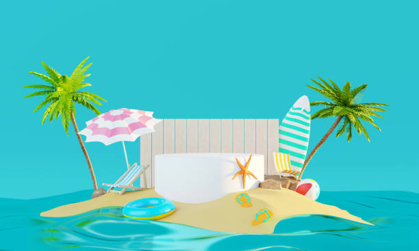 istock Summer vacation beach abstract background concept, Minimal Realistic Display Podium for Product mock-up or Cosmetics with summer theme, beach umbrella, sand, chairs, inflatable ring. 3d rendering 1483003053