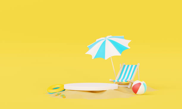 istock Summer vacation beach abstract background concept, Minimal Realistic Display Podium for Product mock-up or Cosmetics with summer theme, beach umbrella, sand, chairs, inflatable ring. 3d rendering 1483003064