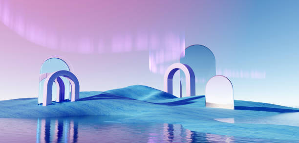 istock 3d render Surreal pastel landscape background with geometric shapes, abstract fantastic desert dune in seasoning landscape with arches, panoramic, futuristic scene with copy space, blue sky and cloudy 1483003079